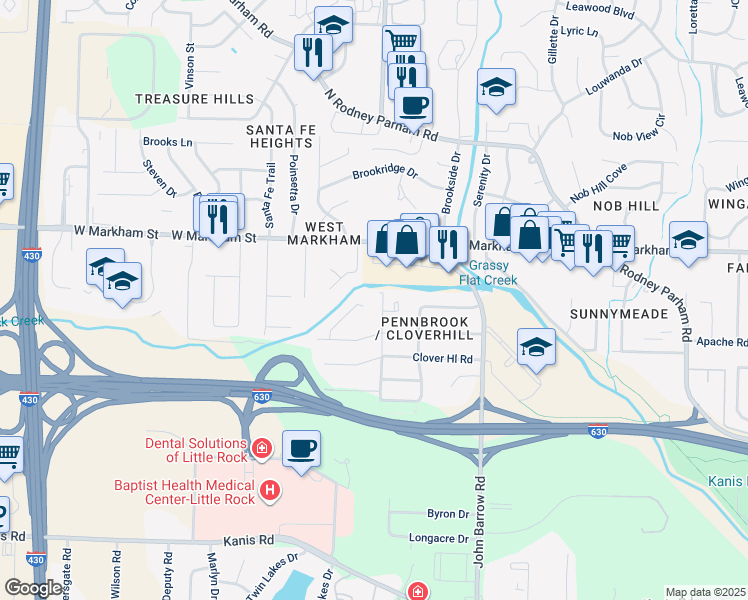 map of restaurants, bars, coffee shops, grocery stores, and more near 9101 West Markham Street in Little Rock
