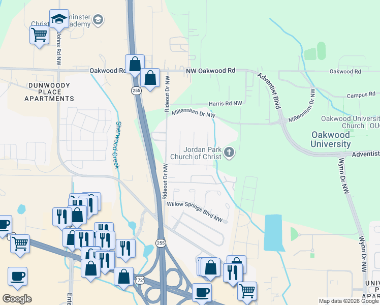 map of restaurants, bars, coffee shops, grocery stores, and more near 1908 Catchings Drive Northwest in Huntsville