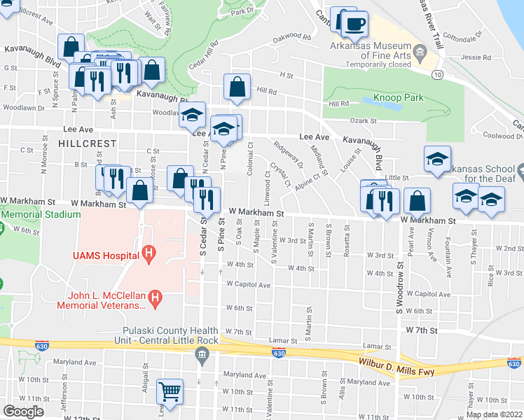 map of restaurants, bars, coffee shops, grocery stores, and more near 100 Linwood Court in Little Rock