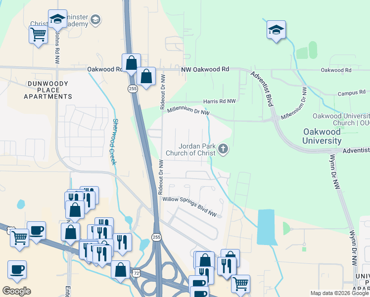 map of restaurants, bars, coffee shops, grocery stores, and more near 1908 Catchings Drive Northwest in Huntsville