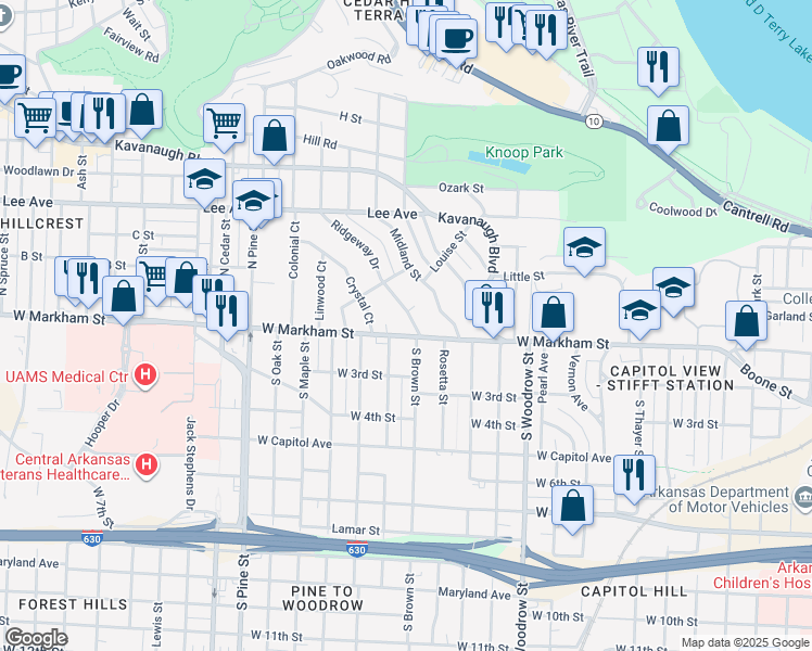 map of restaurants, bars, coffee shops, grocery stores, and more near 201 Ridgeway Drive in Little Rock