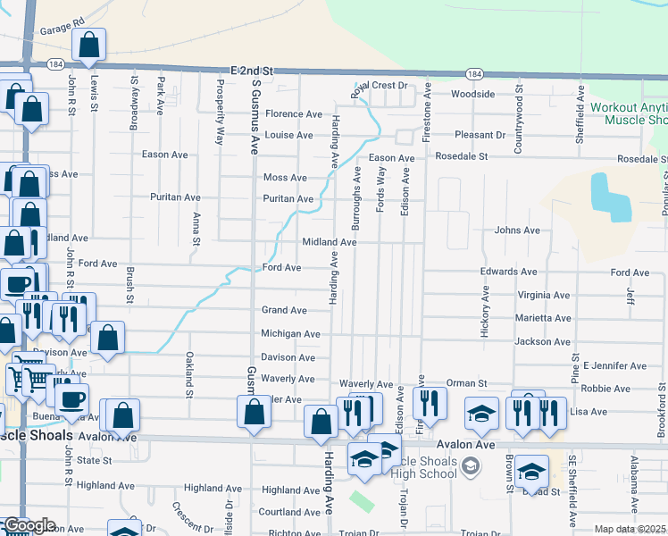 map of restaurants, bars, coffee shops, grocery stores, and more near 1059 Harding Avenue in Muscle Shoals