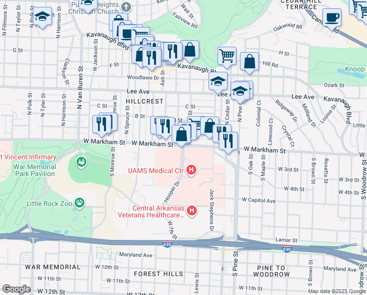 map of restaurants, bars, coffee shops, grocery stores, and more near 4301 West Markham Street in Little Rock