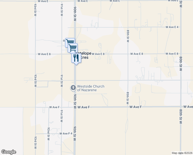 map of restaurants, bars, coffee shops, grocery stores, and more near 8727 West Avenue E12 in Lancaster