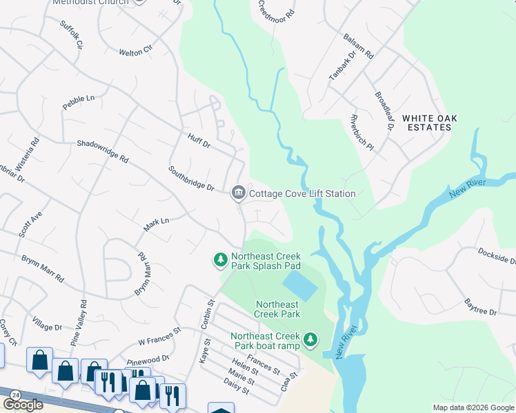 map of restaurants, bars, coffee shops, grocery stores, and more near 206 Meadowbrook Lane in Jacksonville