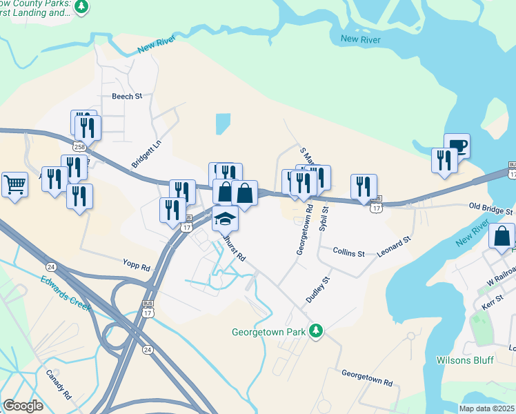 map of restaurants, bars, coffee shops, grocery stores, and more near 111 Wilmington Highway in Jacksonville