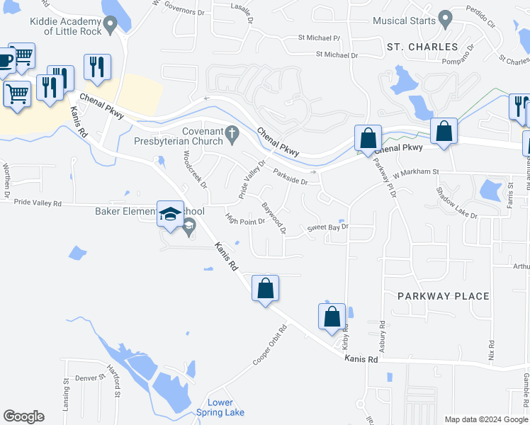 map of restaurants, bars, coffee shops, grocery stores, and more near 502 Baywood Drive in Little Rock
