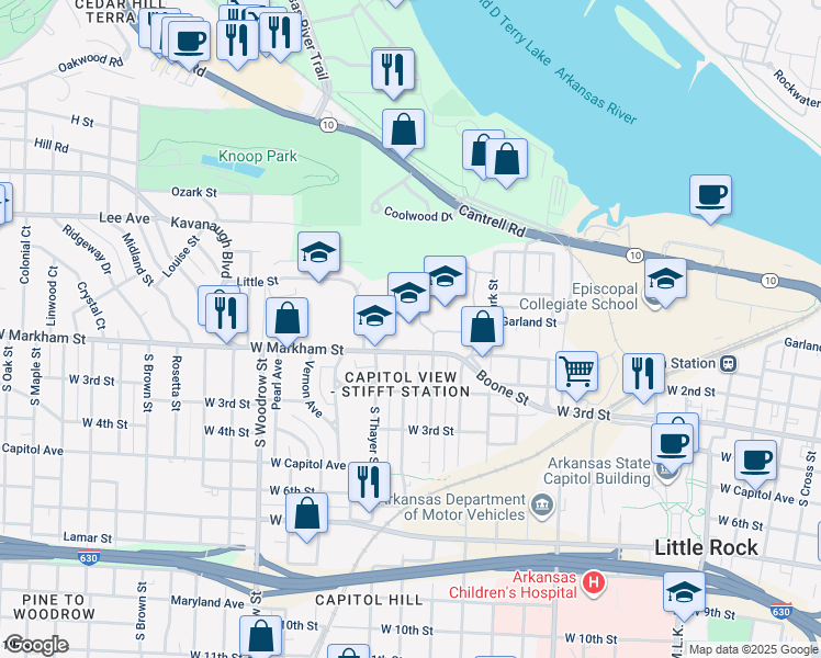 map of restaurants, bars, coffee shops, grocery stores, and more near 2498 West Markham Street in Little Rock