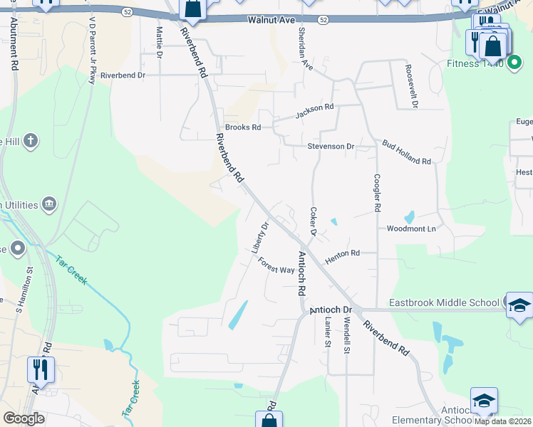 map of restaurants, bars, coffee shops, grocery stores, and more near 1299 Riverbend Road in Dalton