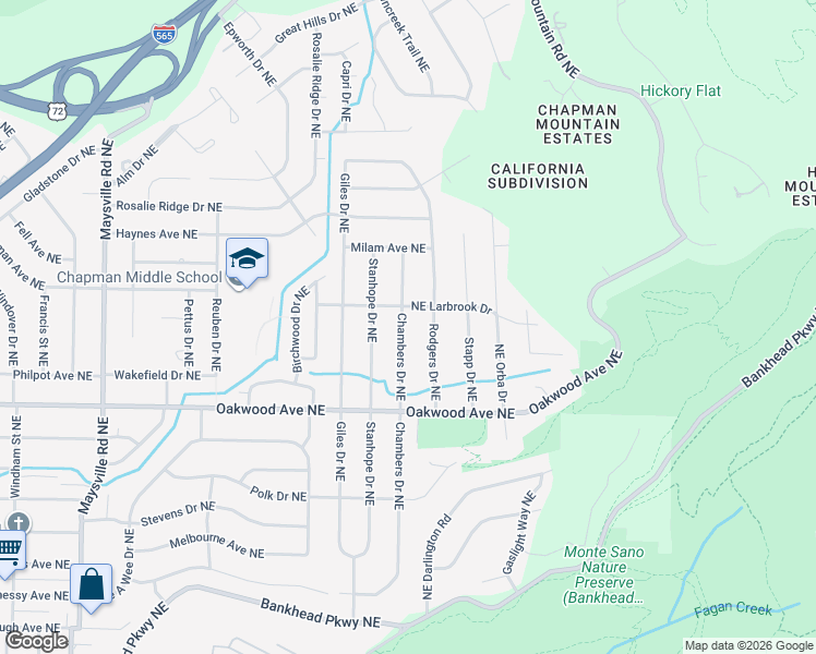 map of restaurants, bars, coffee shops, grocery stores, and more near 2027 Rodgers Drive Northeast in Huntsville