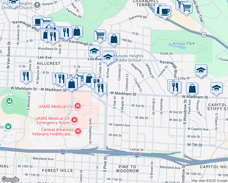 map of restaurants, bars, coffee shops, grocery stores, and more near 115 North Pine Street in Little Rock