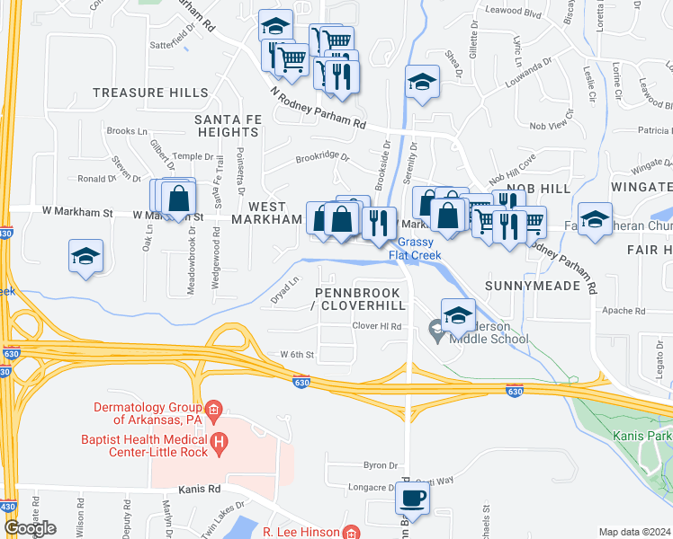 map of restaurants, bars, coffee shops, grocery stores, and more near 9101 West Markham Street in Little Rock