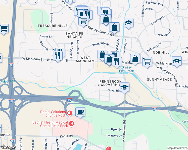 map of restaurants, bars, coffee shops, grocery stores, and more near 1 Windy Oaks Court in Little Rock