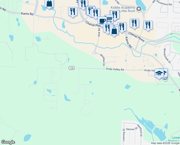 map of restaurants, bars, coffee shops, grocery stores, and more near 16325 Pride Valley Road in Little Rock