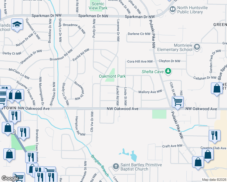 map of restaurants, bars, coffee shops, grocery stores, and more near 3402 Euclid Circle Northwest in Huntsville