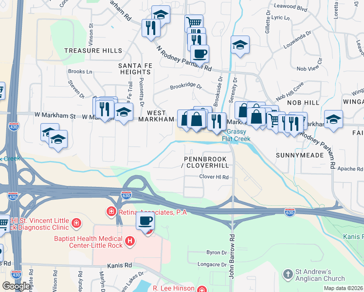 map of restaurants, bars, coffee shops, grocery stores, and more near 304 Nebling Road in Little Rock