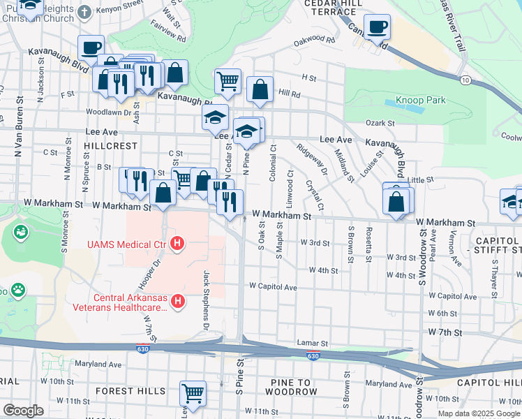 map of restaurants, bars, coffee shops, grocery stores, and more near 115 North Pine Street in Little Rock