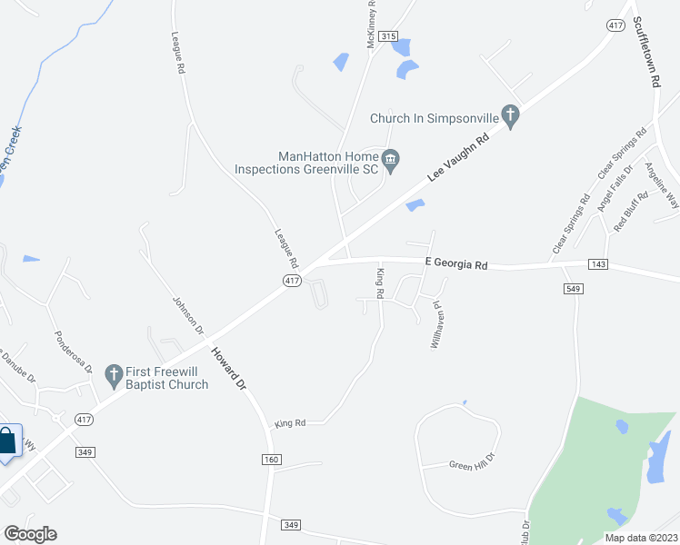 map of restaurants, bars, coffee shops, grocery stores, and more near 1604 East Georgia Road in Simpsonville