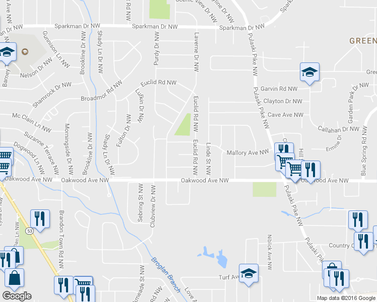 map of restaurants, bars, coffee shops, grocery stores, and more near 3402 Euclid Circle Northwest in Huntsville