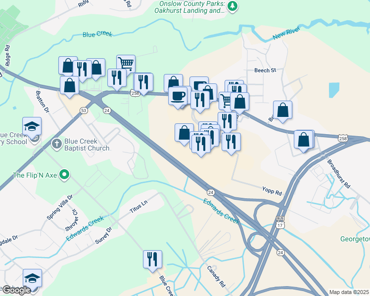 map of restaurants, bars, coffee shops, grocery stores, and more near 561 Yopp Road in Jacksonville