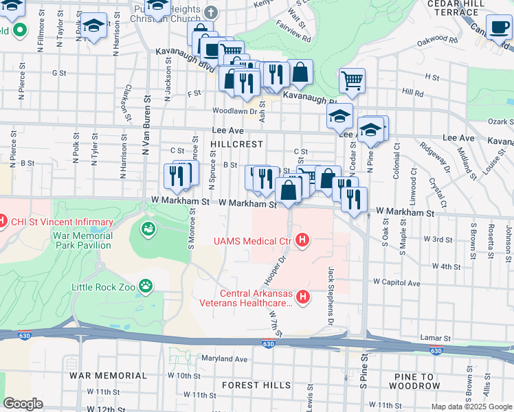 map of restaurants, bars, coffee shops, grocery stores, and more near 4601 West Markham Street in Little Rock