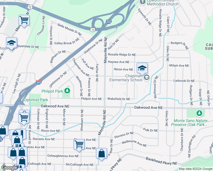 map of restaurants, bars, coffee shops, grocery stores, and more near 2112 Maysville Road Northeast in Huntsville