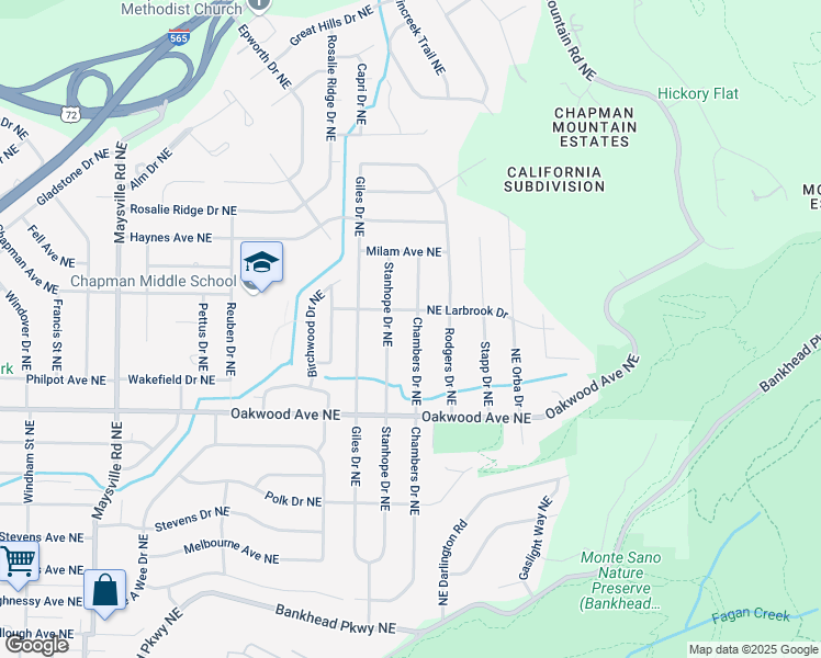 map of restaurants, bars, coffee shops, grocery stores, and more near 2023 Chambers Drive Northeast in Huntsville