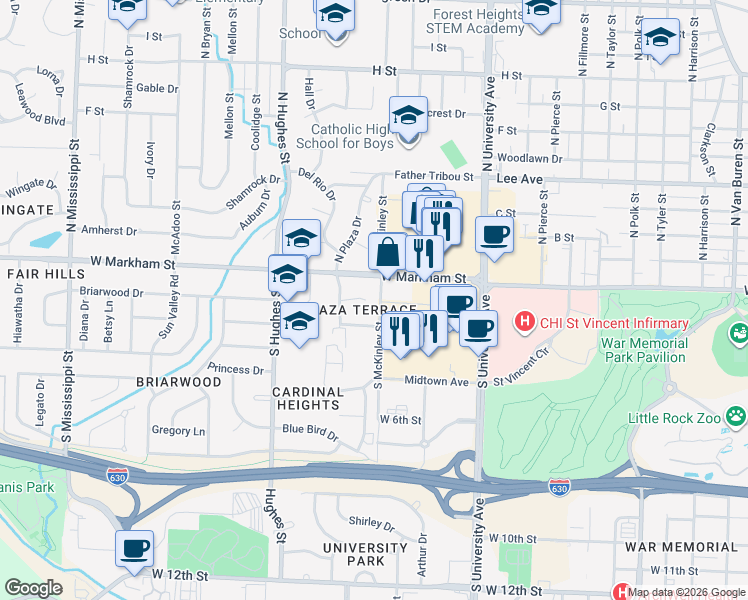 map of restaurants, bars, coffee shops, grocery stores, and more near 10 Berrywood Circle in Little Rock