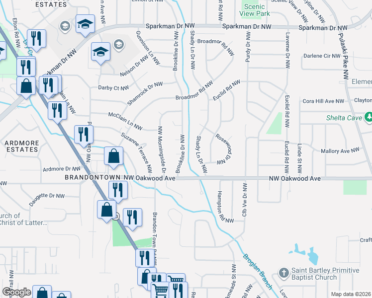 map of restaurants, bars, coffee shops, grocery stores, and more near 2116 Brookline Drive Northwest in Huntsville