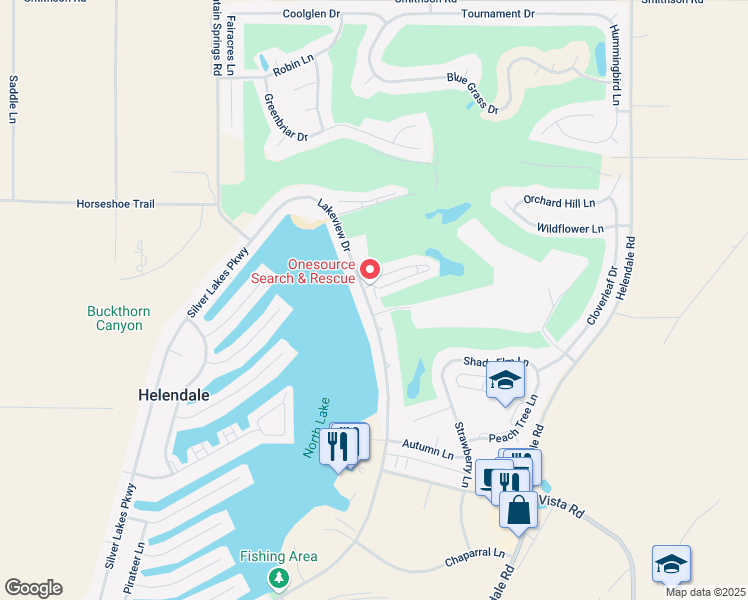 map of restaurants, bars, coffee shops, grocery stores, and more near 27538 Lakeview Drive in Helendale