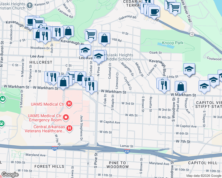 map of restaurants, bars, coffee shops, grocery stores, and more near 105 Colonial Court in Little Rock