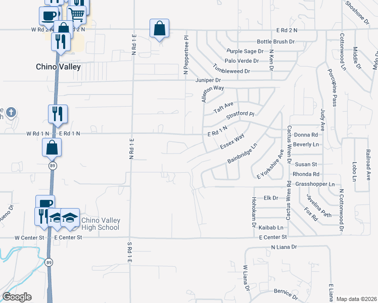 map of restaurants, bars, coffee shops, grocery stores, and more near 1197 Arden Court in Chino Valley