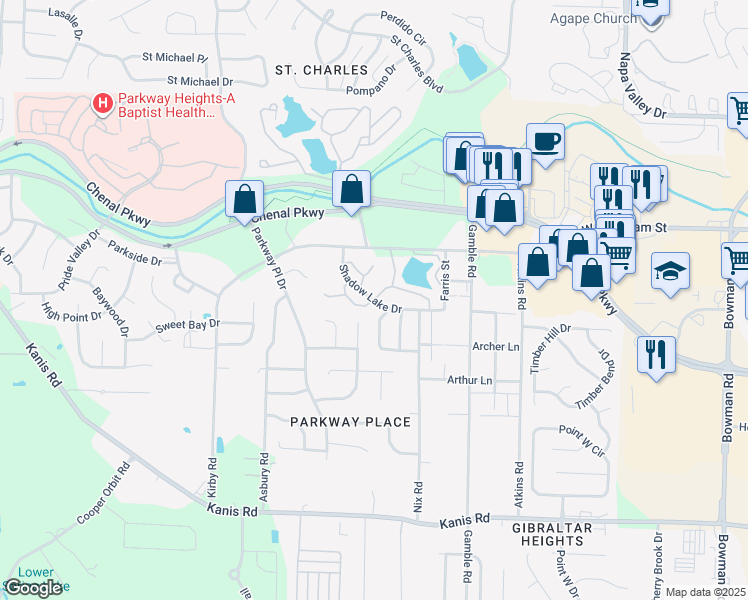 map of restaurants, bars, coffee shops, grocery stores, and more near 13212 Shadow Lake Drive in Little Rock
