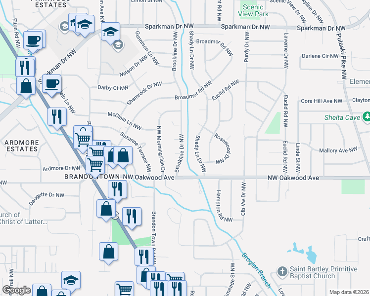 map of restaurants, bars, coffee shops, grocery stores, and more near 2116 Brookline Drive Northwest in Huntsville