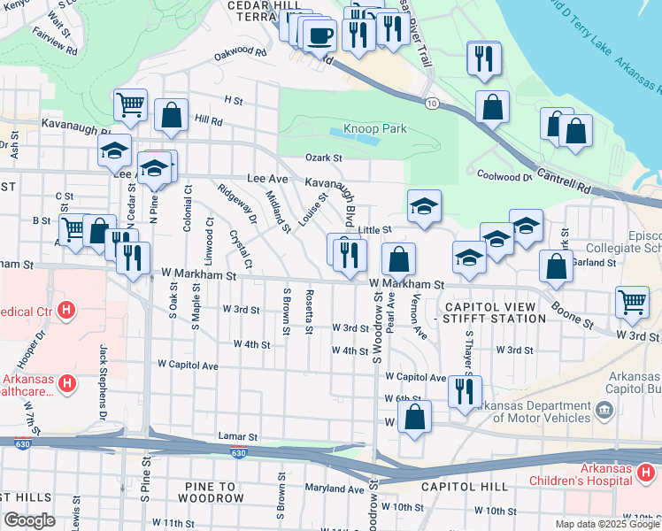 map of restaurants, bars, coffee shops, grocery stores, and more near 1024 Kavanaugh Boulevard in Little Rock
