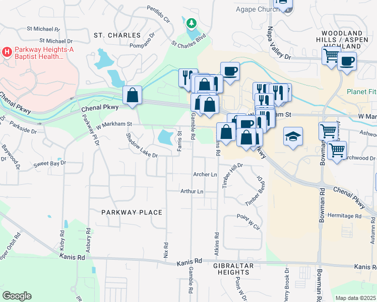 map of restaurants, bars, coffee shops, grocery stores, and more near 220 Gamble Road in Little Rock