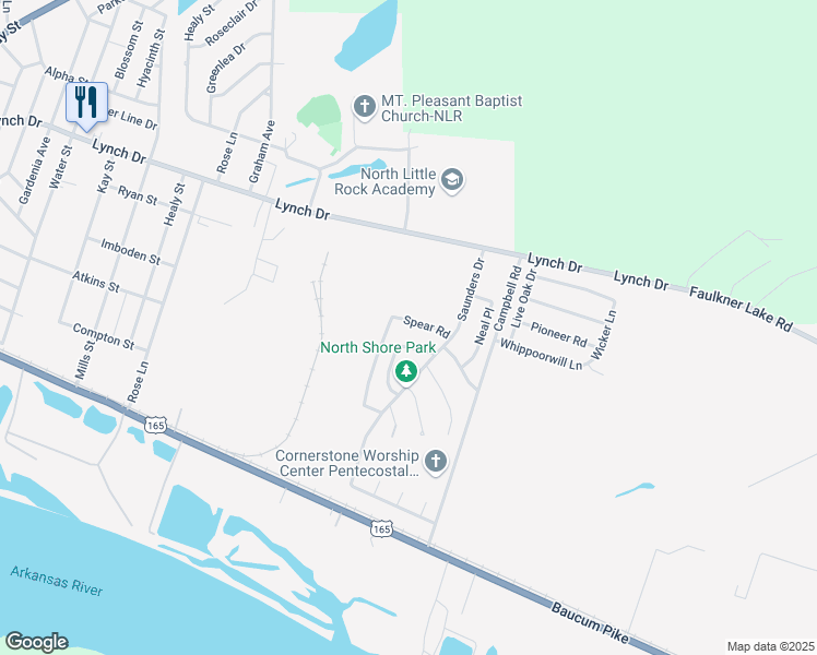 map of restaurants, bars, coffee shops, grocery stores, and more near 11 Spear Road in North Little Rock