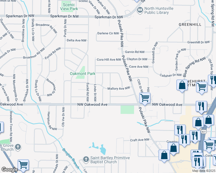 map of restaurants, bars, coffee shops, grocery stores, and more near 2203 La Salle Road Northwest in Huntsville