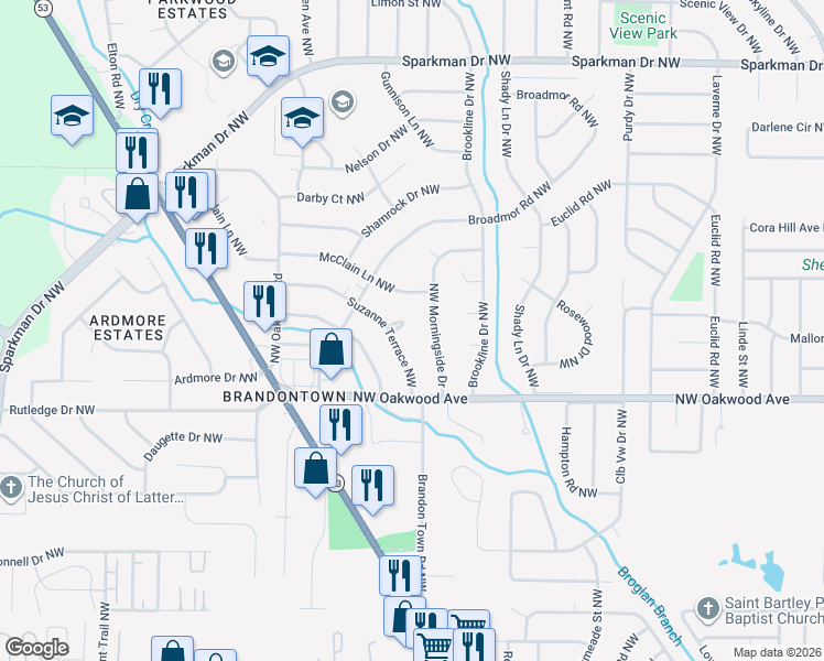 map of restaurants, bars, coffee shops, grocery stores, and more near 2214 Suzanne Circle Northwest in Huntsville