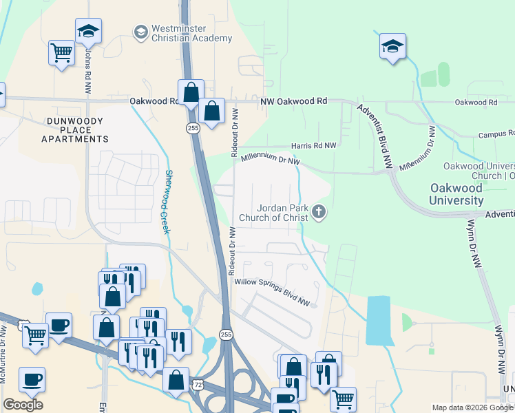 map of restaurants, bars, coffee shops, grocery stores, and more near 1908 Catchings Drive Northwest in Huntsville