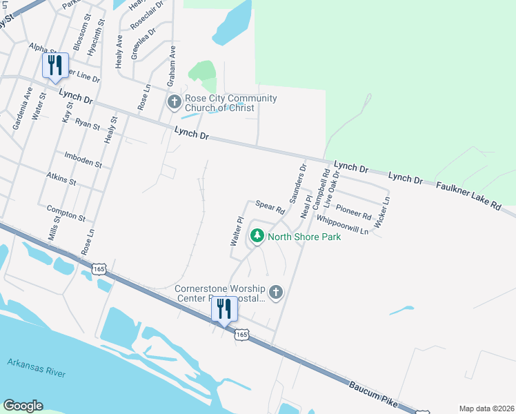 map of restaurants, bars, coffee shops, grocery stores, and more near 10 Spear Road in North Little Rock