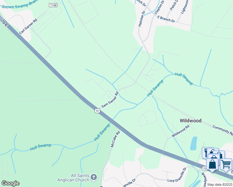 map of restaurants, bars, coffee shops, grocery stores, and more near 186 Sam Garner Road in Newport