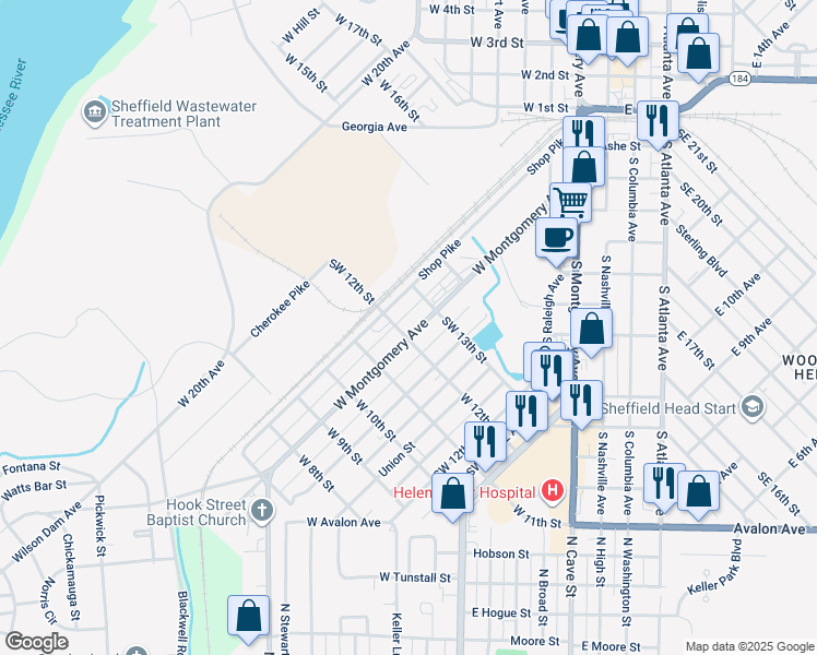 map of restaurants, bars, coffee shops, grocery stores, and more near 1201 West Montgomery Avenue in Sheffield