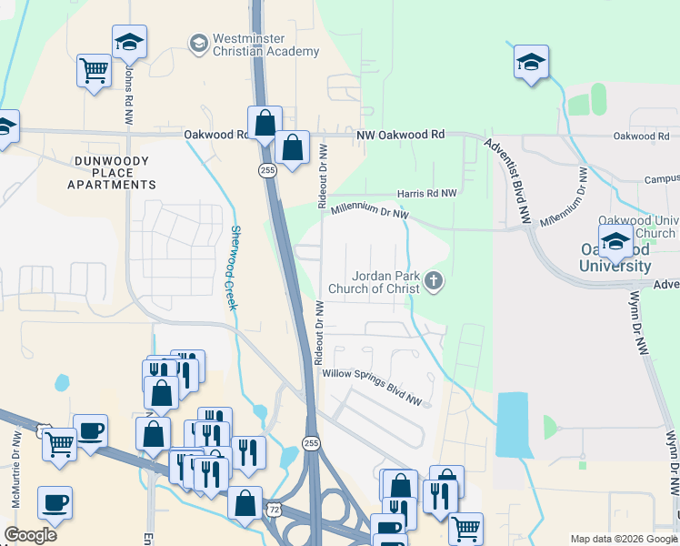 map of restaurants, bars, coffee shops, grocery stores, and more near 1908 Catchings Drive Northwest in Huntsville