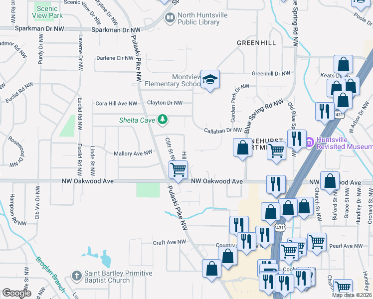 map of restaurants, bars, coffee shops, grocery stores, and more near 2208 Hill Street Northwest in Huntsville