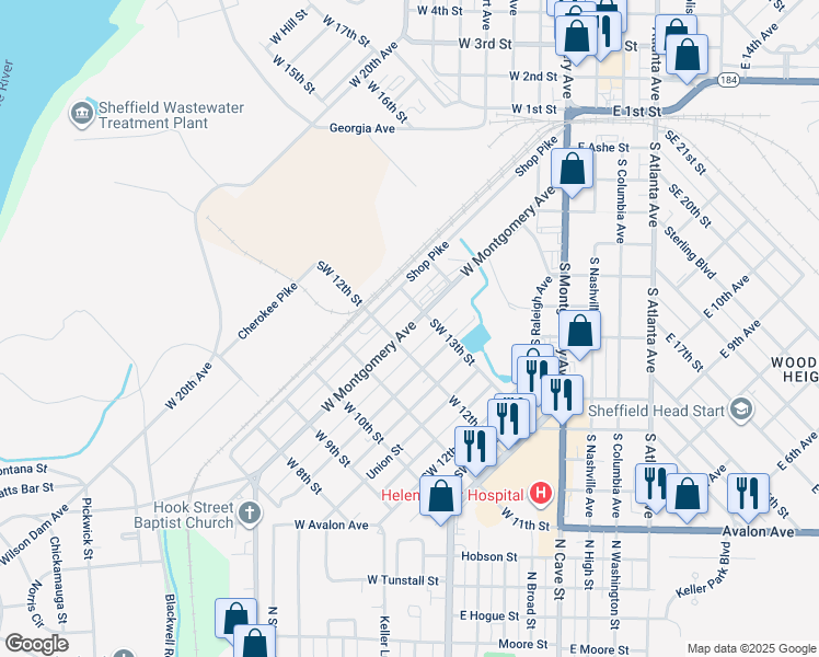 map of restaurants, bars, coffee shops, grocery stores, and more near 1201-1299 West Montgomery Avenue in Sheffield