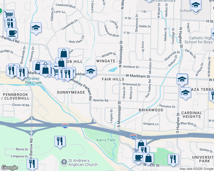 map of restaurants, bars, coffee shops, grocery stores, and more near 119 Hiawatha Drive in Little Rock