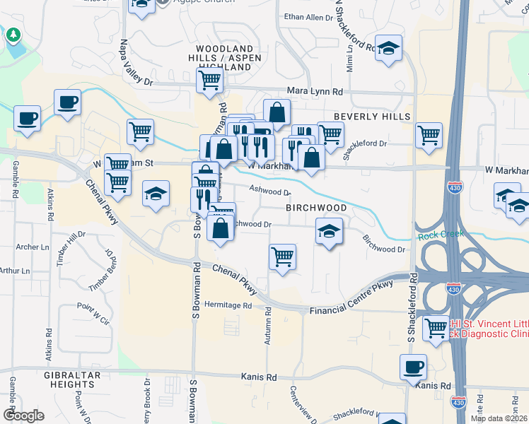 map of restaurants, bars, coffee shops, grocery stores, and more near 11620 Chipwood Drive in Little Rock