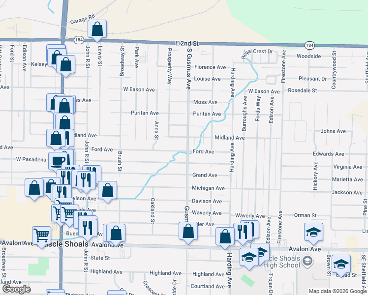 map of restaurants, bars, coffee shops, grocery stores, and more near 904 South Gusmus Avenue in Muscle Shoals