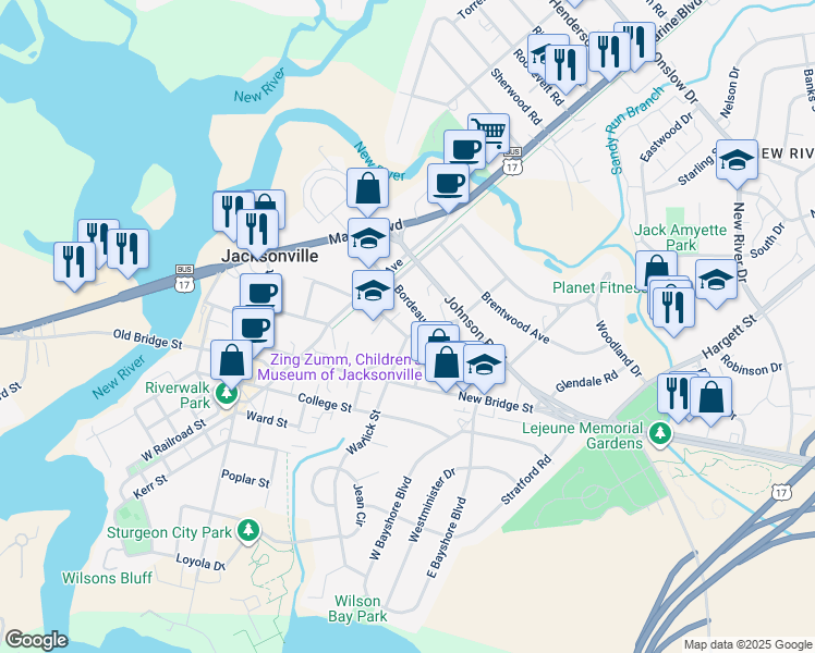 map of restaurants, bars, coffee shops, grocery stores, and more near 402 Warlick Street in Jacksonville